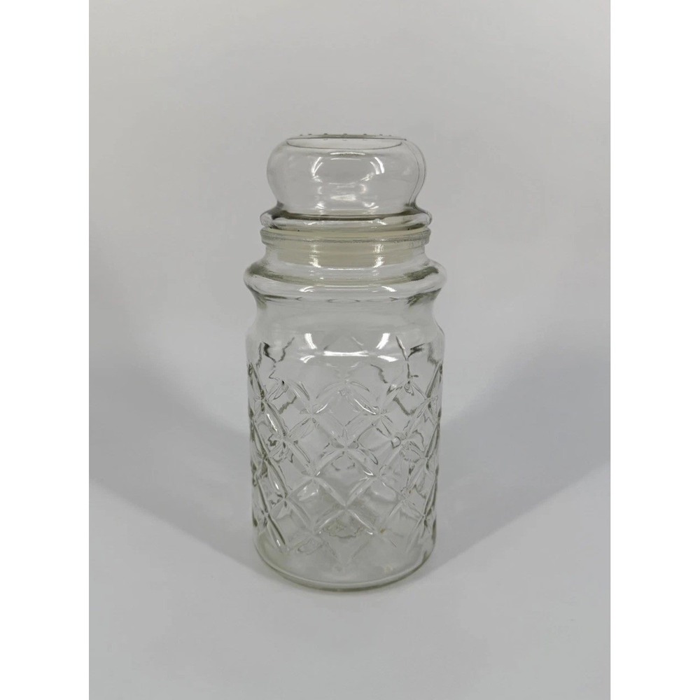 1984 Planters Mr. Peanut Diamond Pattern Clear Glass Canister Jar w/ Lid - 8" T